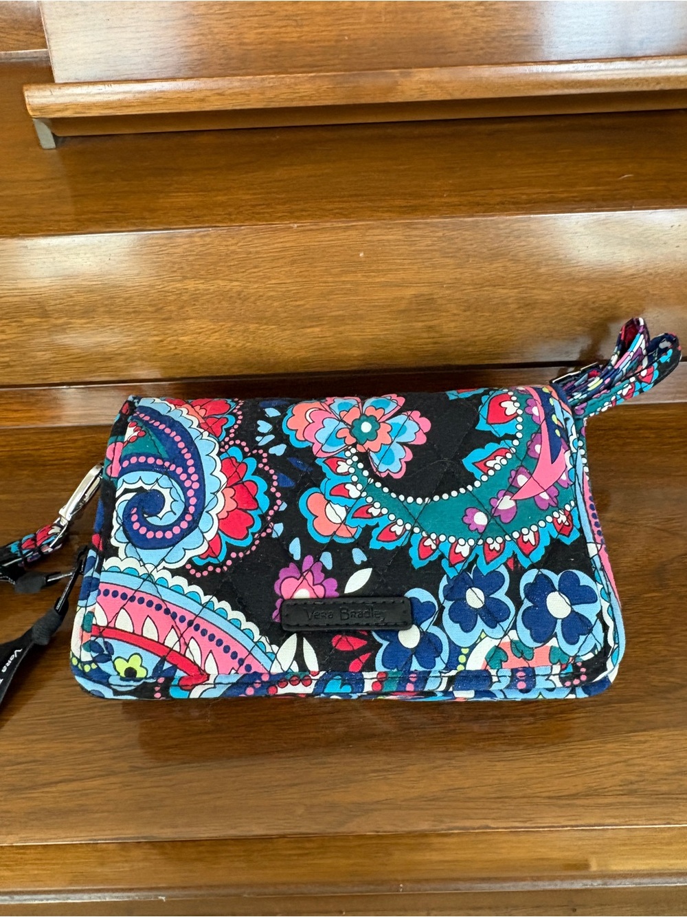 Vera Bradley Black Floral Paisley Wristlet with Pink Teal Blue Accents